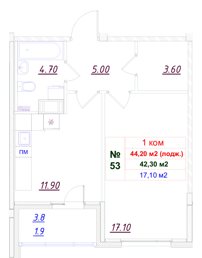 1-комнатная квартира , 43.33 м2